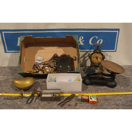 545 - Pair of Boots scales, assorted weights and assorted  kitchenalia