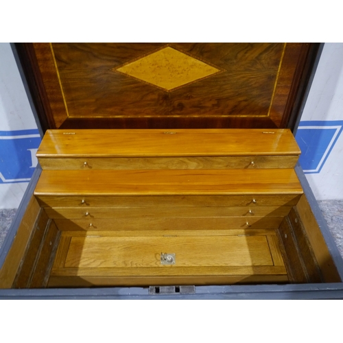 575 - Wooden carpenter's tool chest with oak drawers and mahogany inlay, 29x17.5x20.5