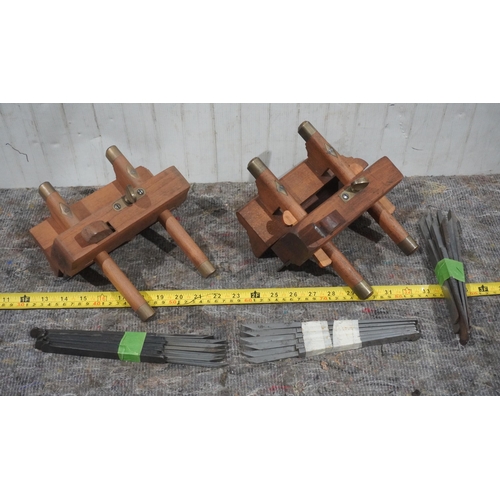 608 - 2 Wooden plough planes with 1 set of 8 Irons, 1 set of 6 irons by Varvill & York