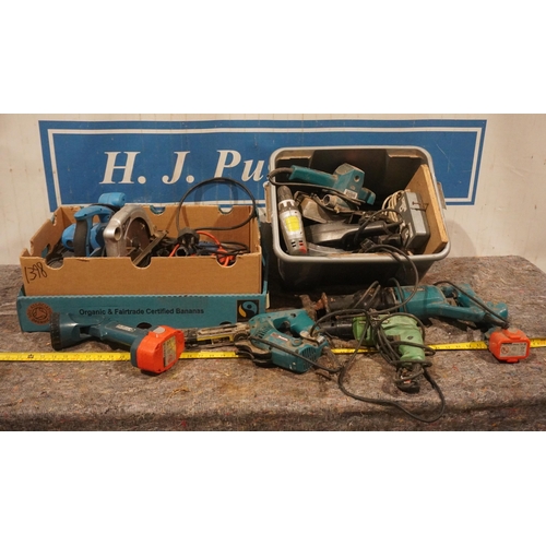 807 - 2 Boxes of assorted power tools to include Makita and Hitachi