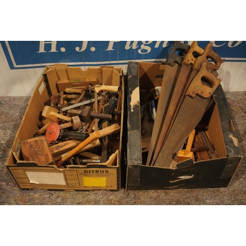 819 - 2 Boxes of woodworking tools including saws, marking gauges and hammers