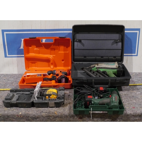 981 - Hitachi nail gun, Bosch cordless drill, DeWalt laser lever etc