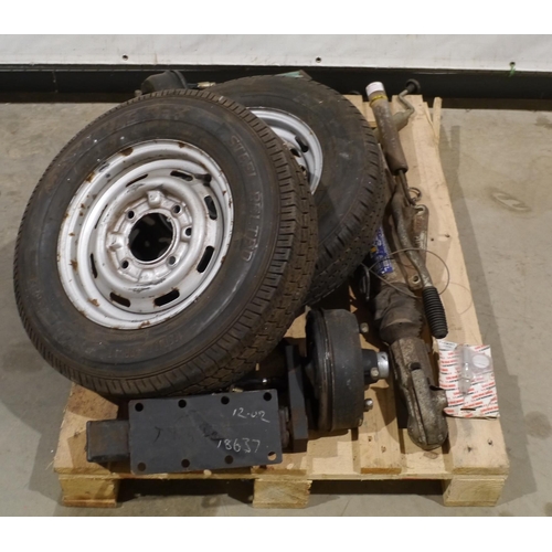 996 - Pallet of trailer parts to include, hitch, axles and wheels