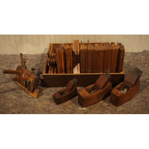 1033 - Box of 25 wooden moulding planes and 3 wooden coffin planes to include Marples and Mathieson and Son