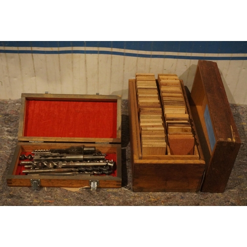 1043 - Box of wood samples and box of mortice bits and drills