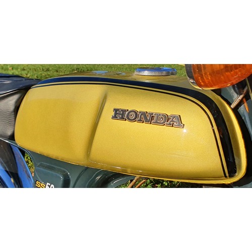 756 - Honda SS50 motorcycle. 1973. 49cc. This bike was running when it went into storage, will need recomm... 
