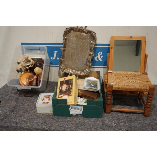 551 - Rush seated stool, pine dressing table mirror and assorted silver plate, glass and china