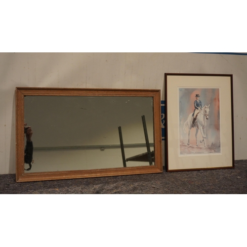 605 - Oak framed mirror and framed water colour of a horse scene