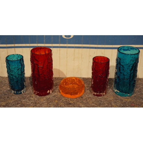 610 - 4 Whitefriars coloured glass vases and bowl.