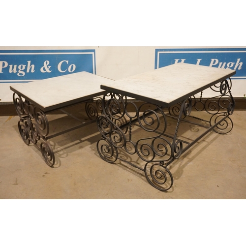 105 - 2 Metal garden tables with marble tops