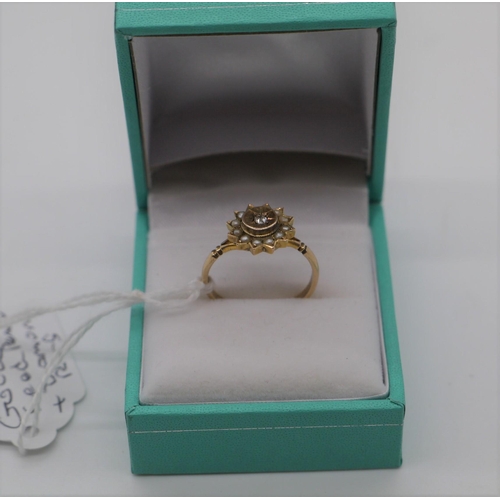 475 - Gold, diamond and seed pearl ring. Size O