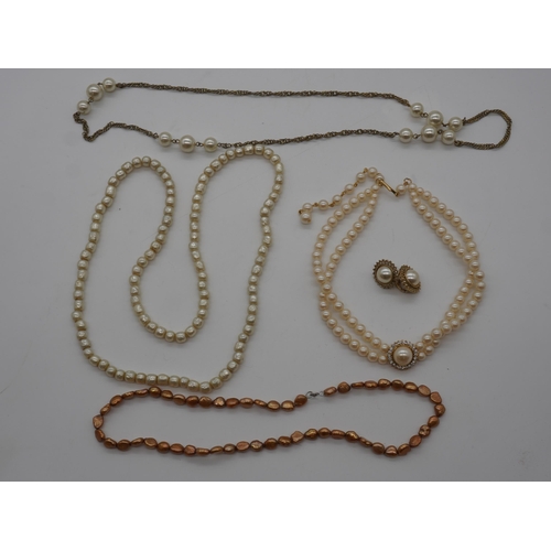 443 - 4 Assorted pearl necklaces and pearl earrings