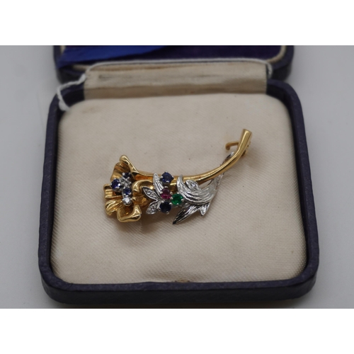 463 - 8ct Gold flower brooch with real stones