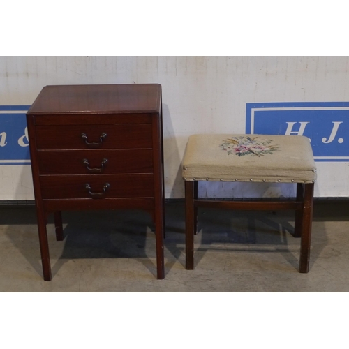 133 - Music cabinet and dark wood framed dressing stool with tapestry seat