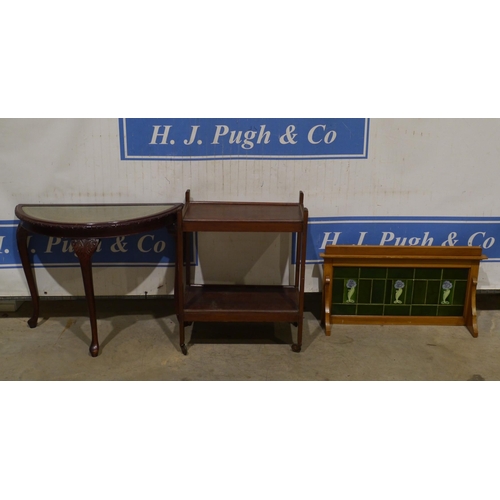 154 - Demi lune table, oak tea trolley and wash stand back