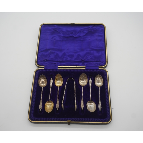 491 - Set of 6 silver tea spoons and sugar tongs in case made by Robert Pringle, London.