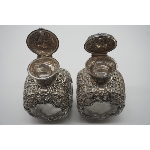 485 - Pair of William Comyns large late victorian glass perfume bottles in solid silver pierced frame 12cm... 