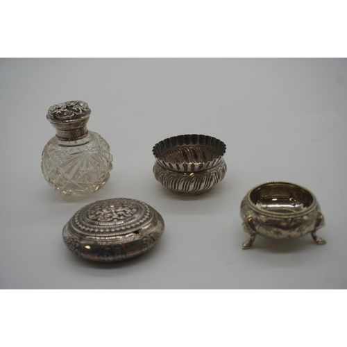 488 - Small cut glass scent bottle with silver top, 2 small silver open dishes and silver lidded dish