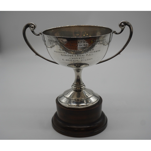 497 - Silver Silver cup on mahogany plinth presented at city of Gloucester fruit market exhibition 1929. S... 