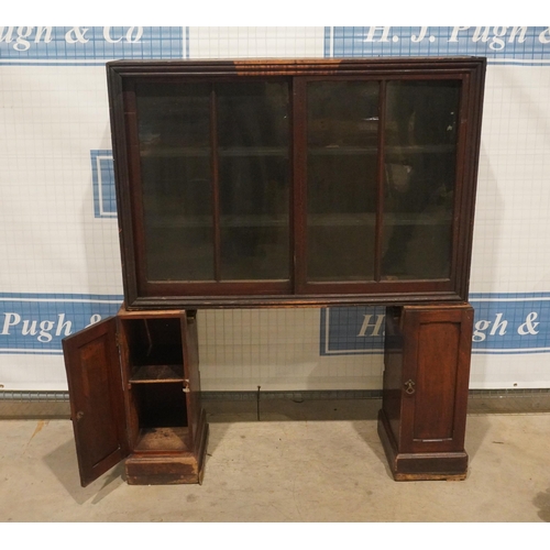 20 - Glass fronted pine display cabinet and pair of kneehole desk ends 34x49.5