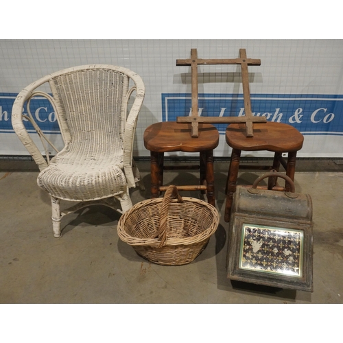 76 - Lloyd-Loom style chair, 2 pine stools and old coal scuttle