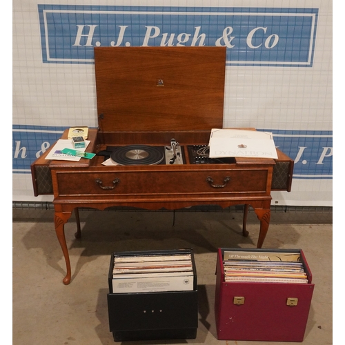 137 - Dynatron record player in walnut cabinet and large quantity of LPs