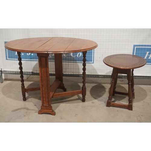 78 - Oak gate leg table with barley twist legs and small oak side table