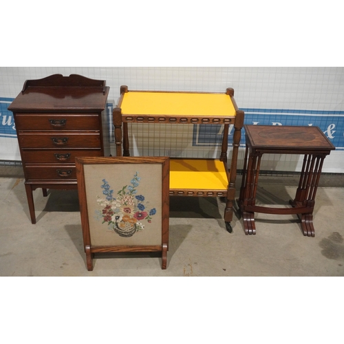 77 - Oak tea trolley, nest of 3 tables, tapestry fire screen and bedside cabinet