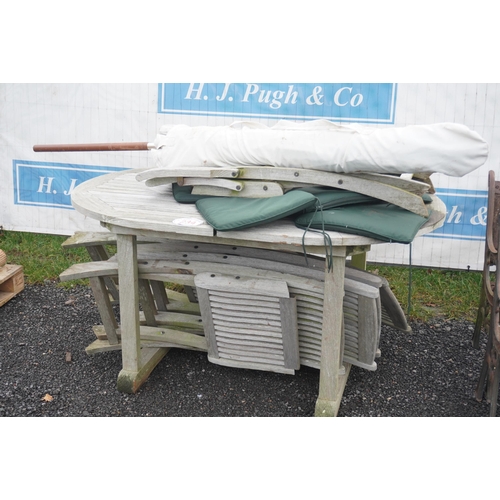 234 - Wooden garden table, chairs and parasol