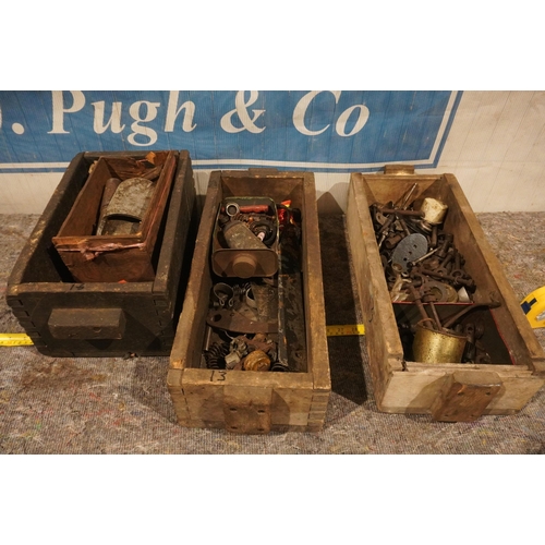 13 - 4 Wooden boxes of mixed spares including Rudge parts, levers etc