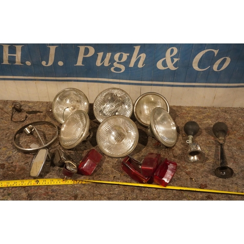 142 - Stanley headlamp units, Lucas rear lights etc