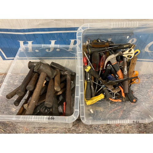 464 - Box of assorted hammers and box of hand tools
