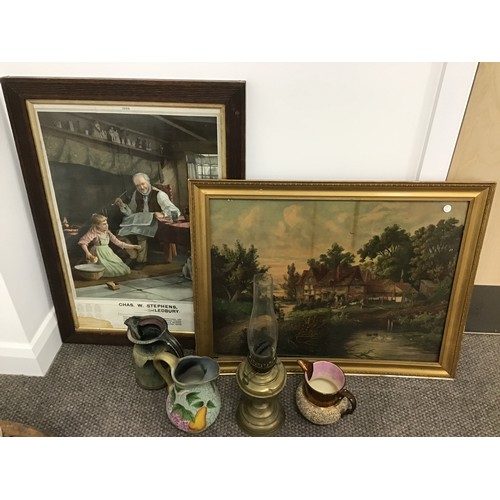 648 - 2 Framed prints, brass lamp and 3 jugs