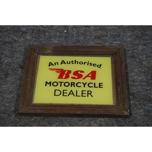 465 - Framed BSA motorcycle dealership glass sign