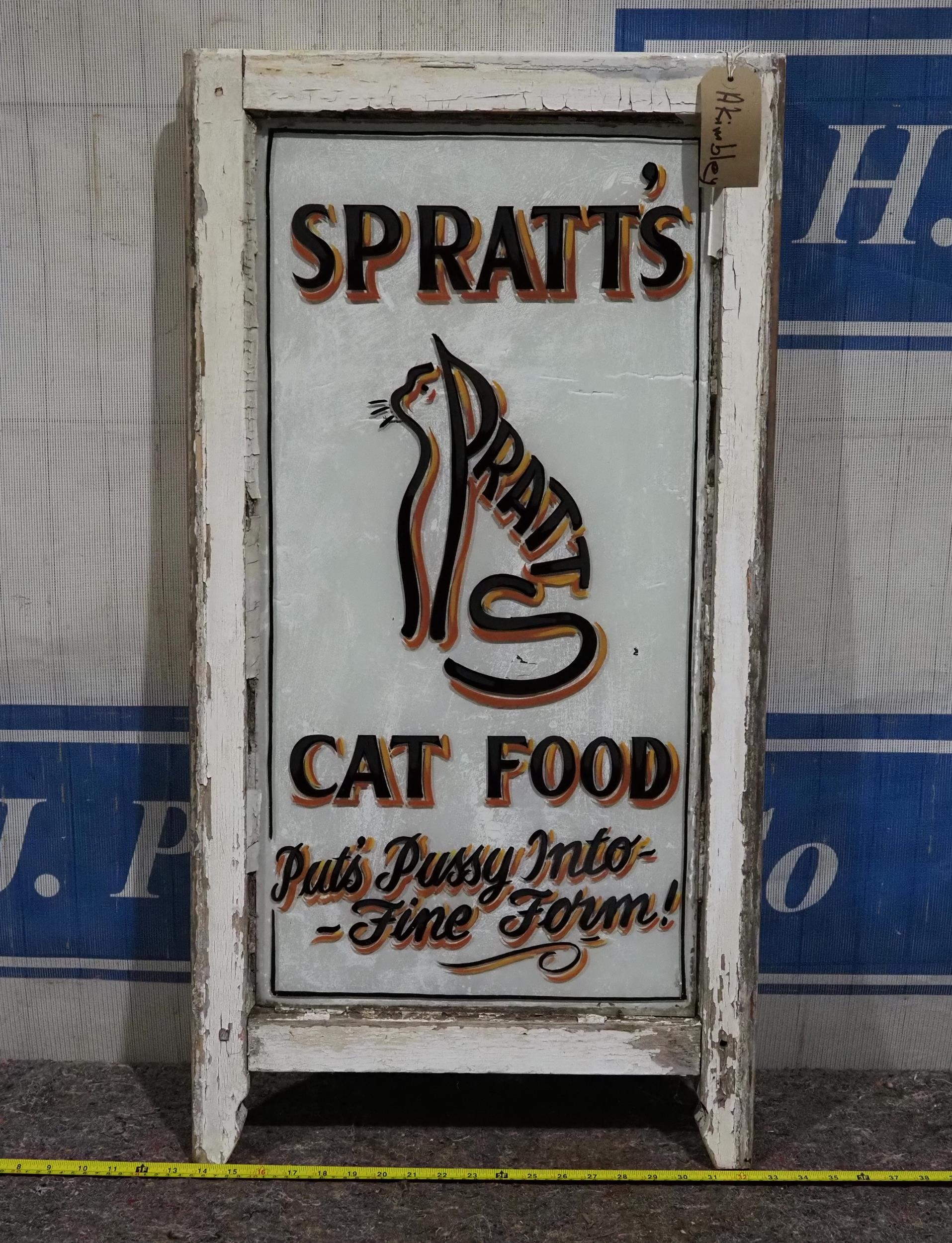 Hand painted sash window with Spratt's Cat Food logo