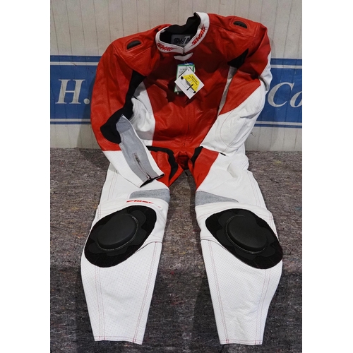 635 - 1 Piece red and white racing leathers, Swag brand, size XL, brand new in bag