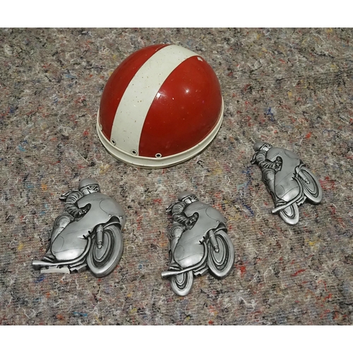 651 - Vintage Slazenger motorcycle helmet and 3 motorcycle plaques