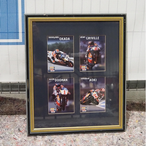 654 - Framed Moto GP photos signed by Mick Doohan, Okada, Criville and Aoki