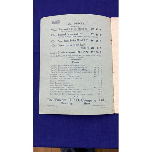 469B - HRD 1934 motorcycles sales brochure catalogue. 12 pages