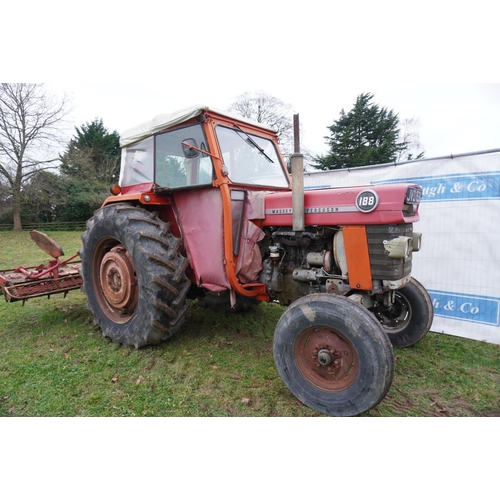 124 - Massey Ferguson 188 tractor. 8 speed gearbox, 6008hrs recorded, PAVT wheels, flexicab. Reg. JVD 153N... 