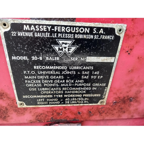 86 - Massey Ferguson 20-8 baler. 88581 c/w operators manual