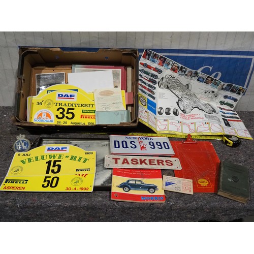 603 - Box of assorted motoring memorabilia to include RAC badge