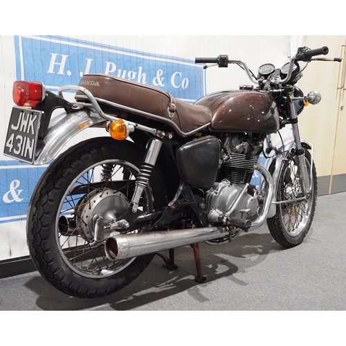 953 - Honda CB500T motorcycle 1975. Runs and rides, from a collection, will need recommissioning. Reg. JWK... 