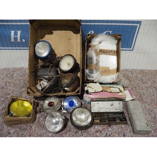 42 - Box of spotlights to include Butlers, Notek and Rootes and box of assorted car mirrors