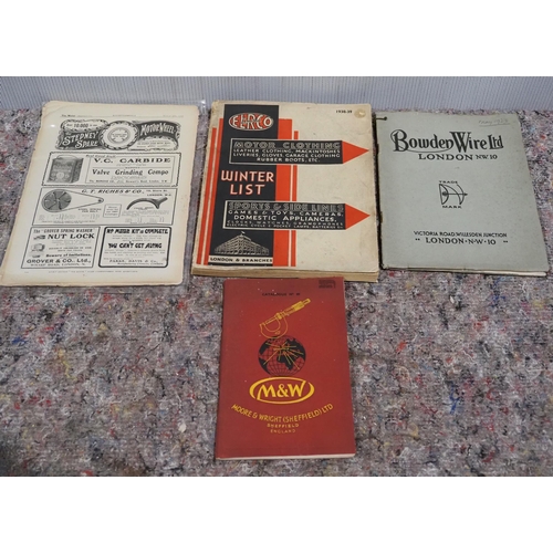 382 - 3- Parts catalogues, Moore and Wright, Elrco and Bowden Wire and 12 advert pages from 