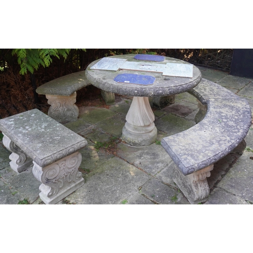 89 - Round stone table and 4 stone benches