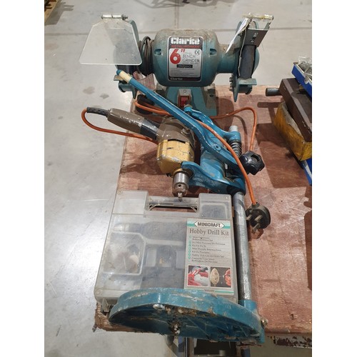 619 - Clarke 6” bench grinder, hobby drill, drill stand etc