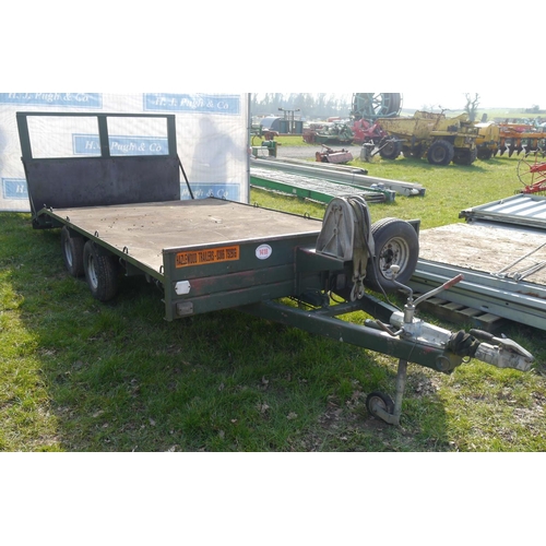 1340 - Hazlewood beaver tail trailer 13ft with ramp and winch. Hitch is locked! No key