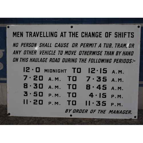 Enamel sign - Men Travelling at the Change of Shifts 14x20