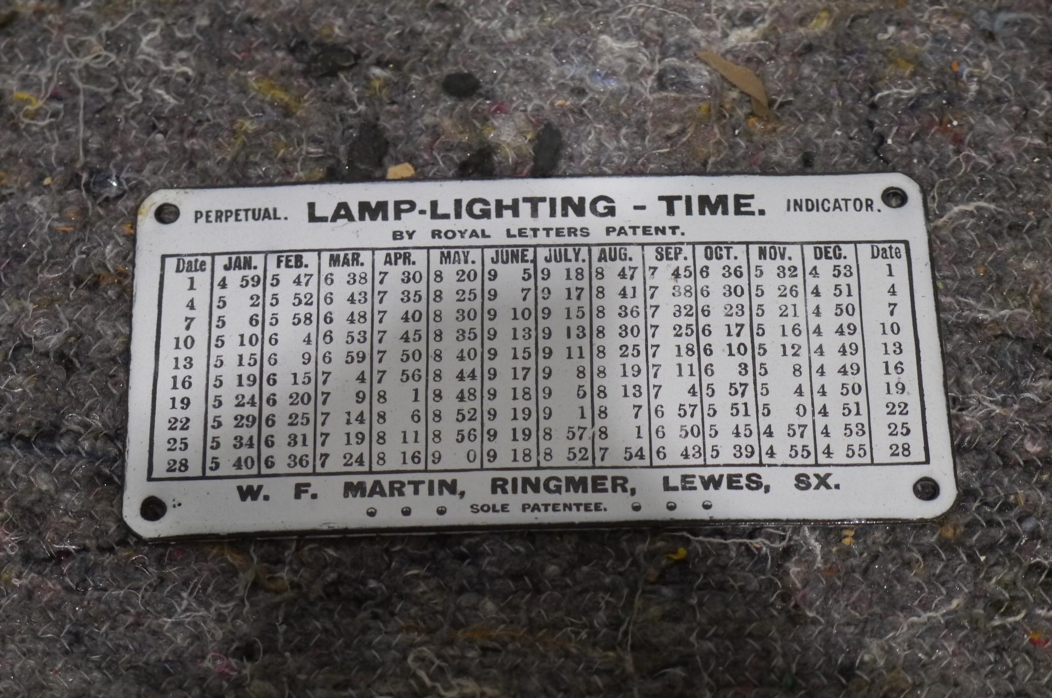 Enamel sign - Lamp Lighting Time Perpetual Indicator 3x6